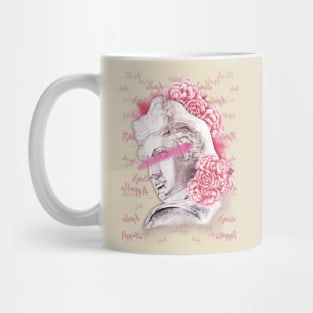 Apollo head statue with a pink peony flowers and buds on a black background. Mug